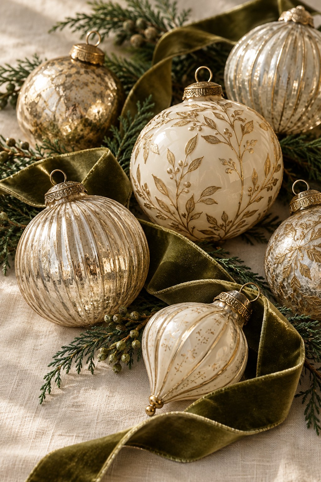 Gold and ivory ornaments, velvet ribbon and fresh-looking evergreen accents