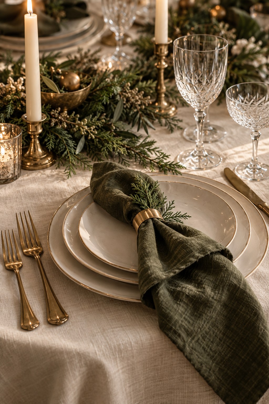 Ivory tableware, crystal glasses and olive linen napkins